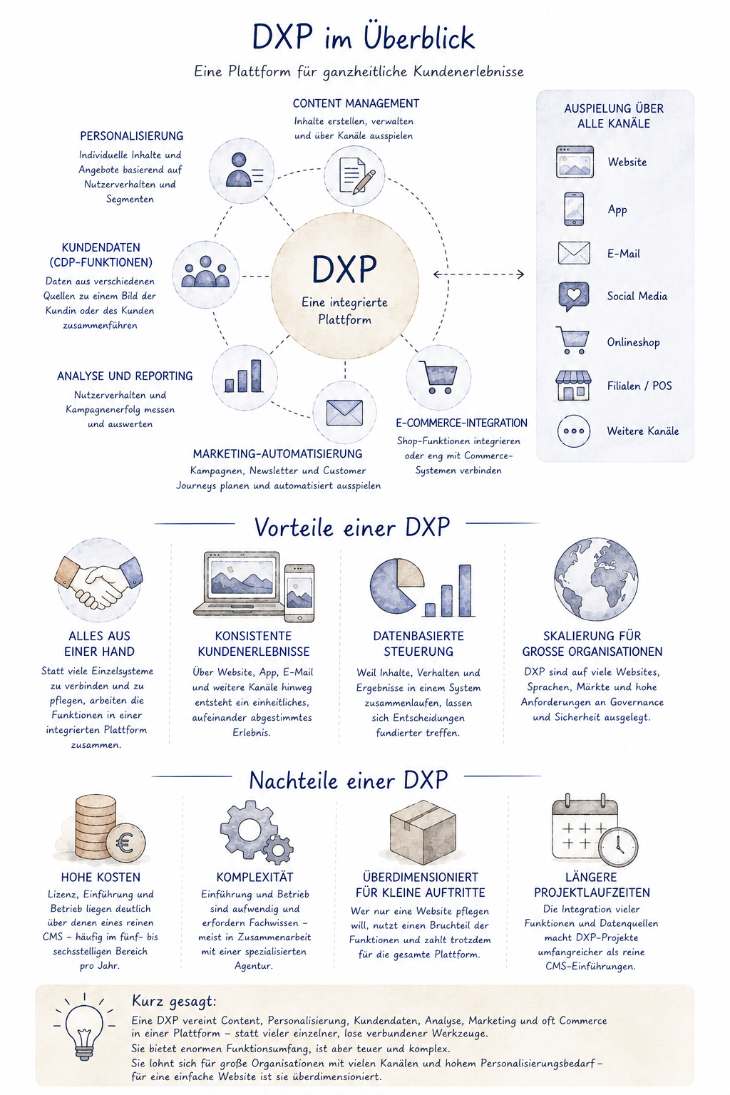 Infografik zum Aufbau und den Funktionen einer Digital Experience Platform (DXP). Sie zeigt die Integration von Content Management, Personalisierung, Kundendaten, Analyse, Marketing und Commerce sowie die wichtigsten Vor- und Nachteile einer DXP.