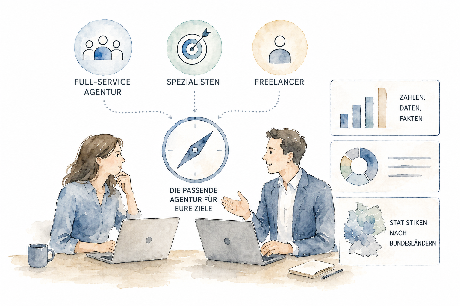 Illustration mit zwei Personen an Laptops, die verschiedene Agenturtypen wie Full-Service-Agentur, Spezialisten und Freelancer vergleichen, um die passende Agentur zu finden. Daneben sind Diagramme und Statistiken zum Agenturmarkt dargestellt.