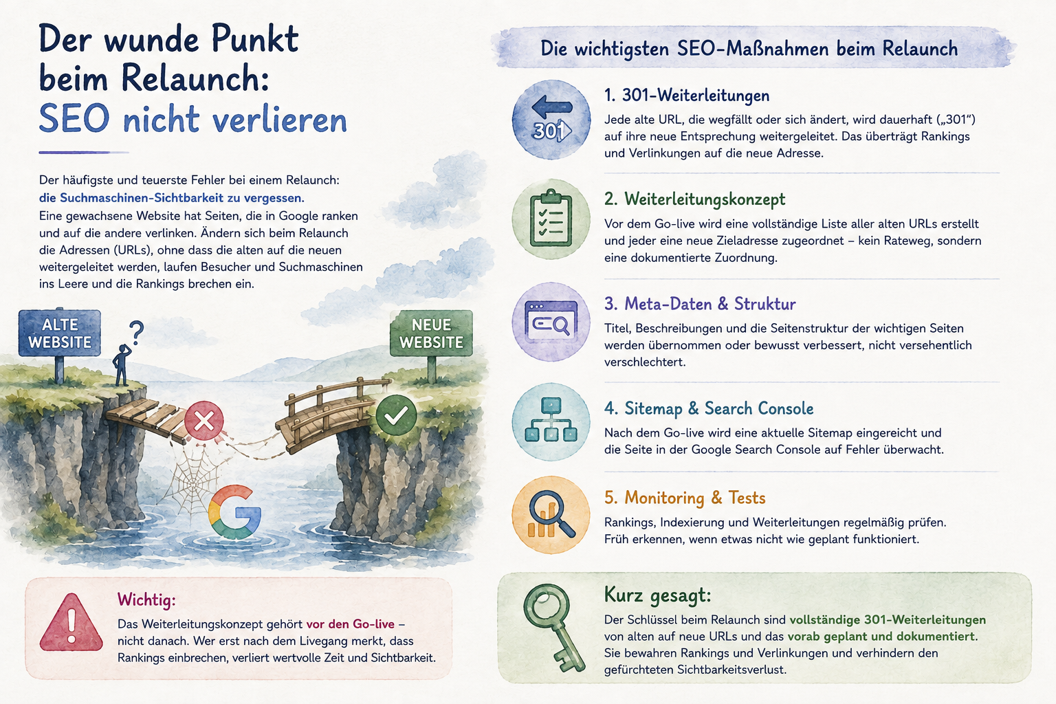 Infografik zu SEO beim Website-Relaunch. Sie zeigt, wie 301-Weiterleitungen alte und neue URLs verbinden und Sichtbarkeitsverluste verhindern. Ergänzend werden Weiterleitungskonzept, Meta-Daten und Seitenstruktur, Sitemap und Google Search Console sowie Monitoring und Tests als zentrale SEO-Maßnahmen dargestellt.